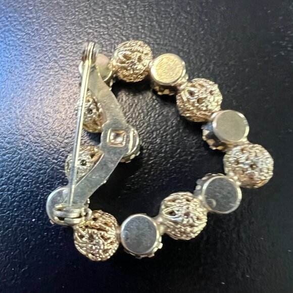 Vintage Heart Brooch Gold Tone Filigree Beads Clear Rhinestones Romantic Jewelry - Picture 6 of 7